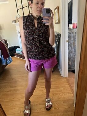 NWOT LOFT Navy Floral Ruffle-Neck mixed Media Button Front Shell Top